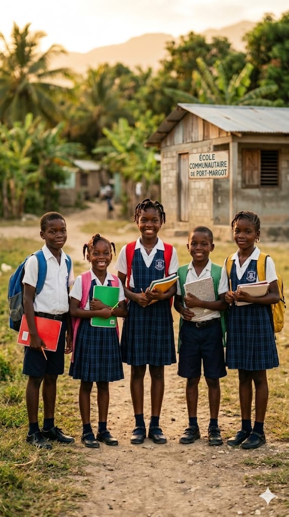 Smiling Haitian schoolchildren holding new backpacks and notebooks